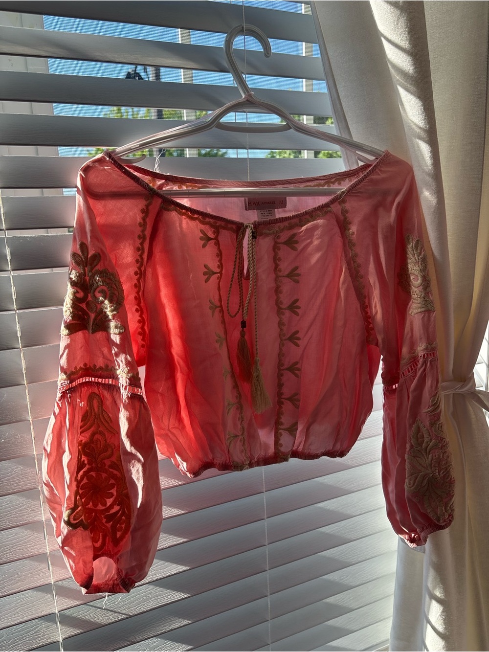 Embroidered Pink Peasant Blouse with Tassel Tie
